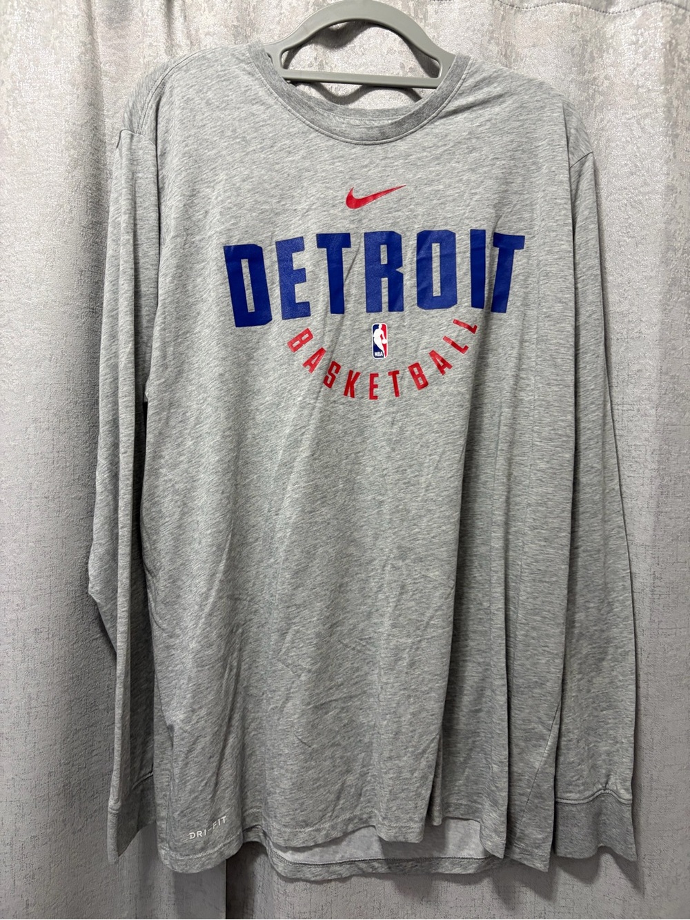 Nike Gray Long Sleeve Detroit Basketball Tee with Blue & Red Accents